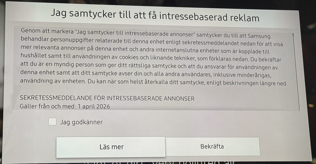 Samsung dialog 'I consent to receive interest-based advertising', checkbox unchecked, notice effective 1 April 2026