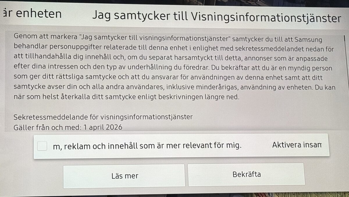 Samsung dialog 'I consent to Viewing Information Services', checkbox unchecked, notice effective 1 April 2026