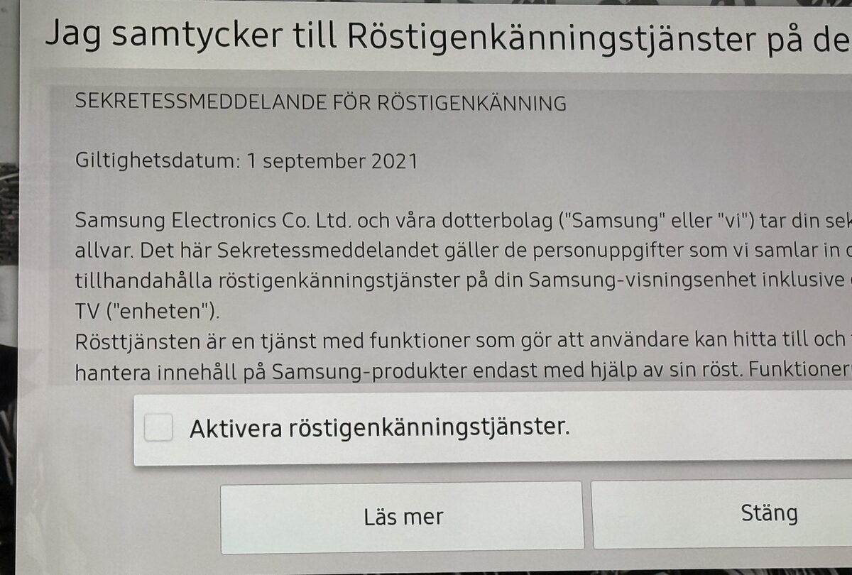 Samsung dialog for voice recognition services, checkbox unchecked, notice dated 1 September 2021
