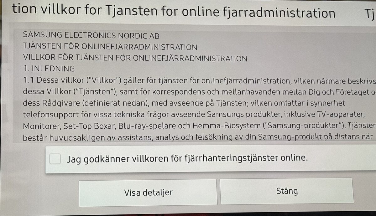 Samsung Electronics Nordic AB terms for the online remote management service, checkbox unchecked