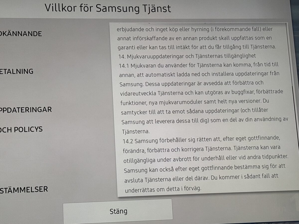 Samsung service terms section 14 on software updates